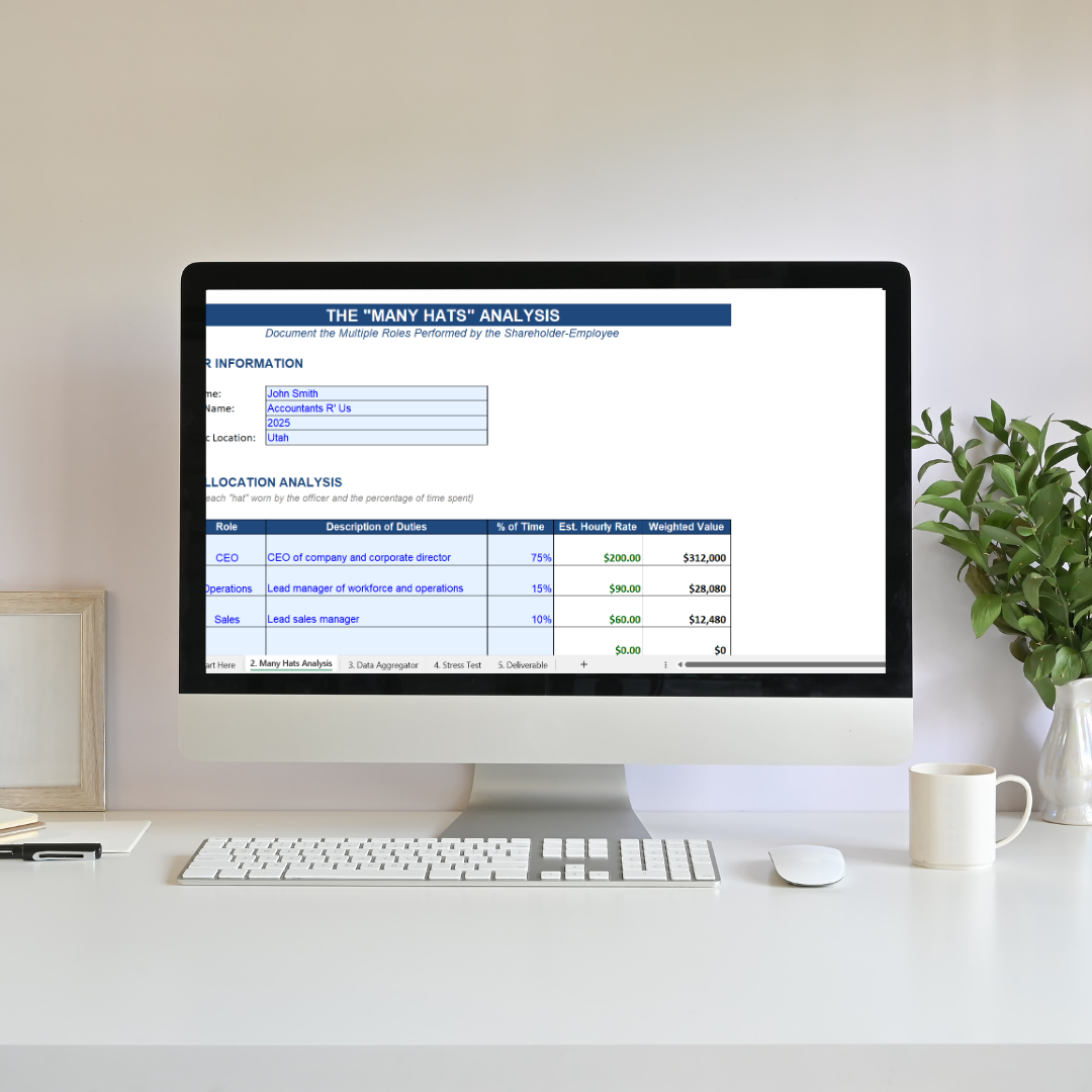 Computer monitor displaying a business analysis document on a white desk, with a plant on the right and a framed picture on the left.