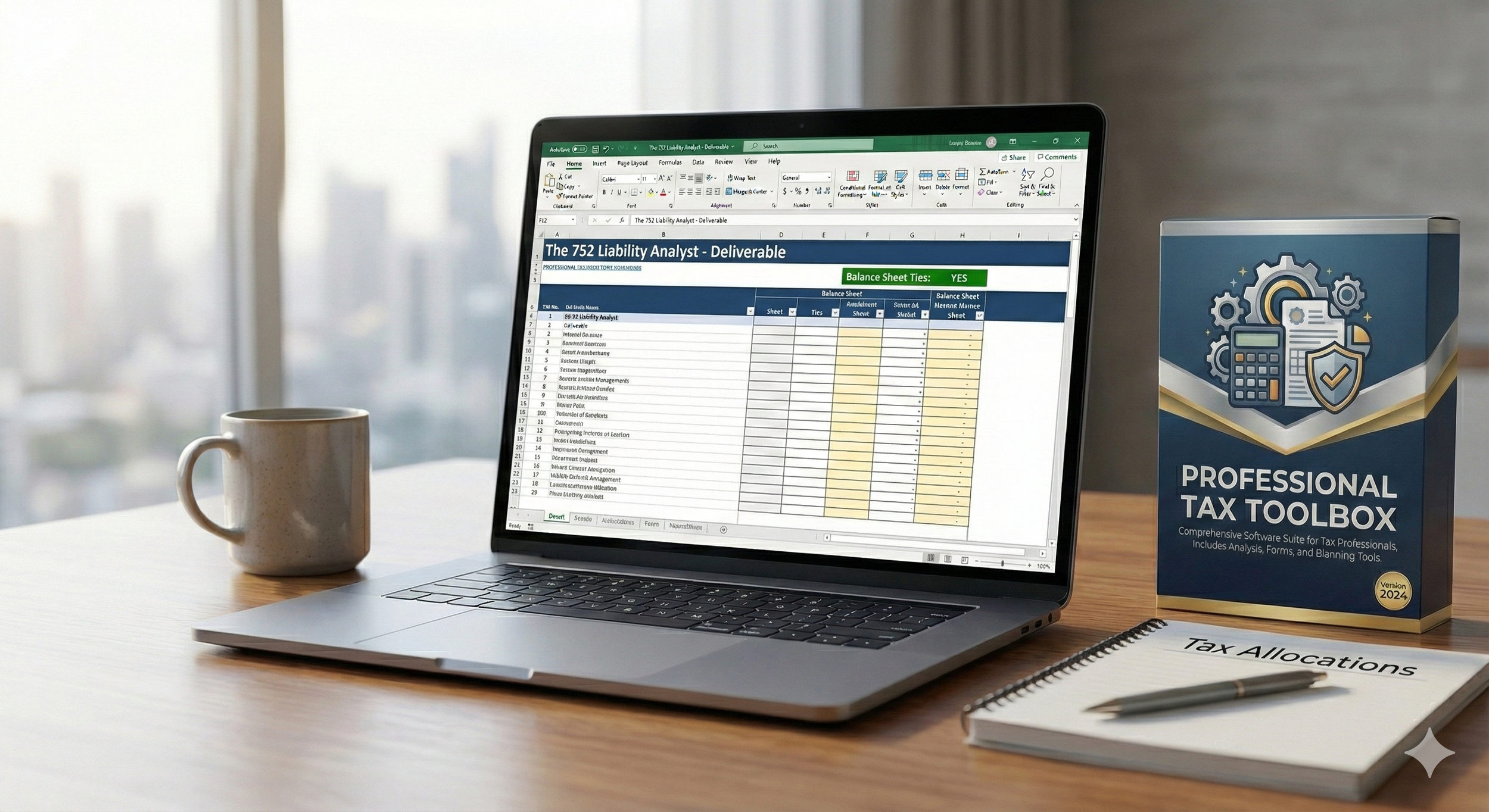Laptop displaying a spreadsheet titled 'The 752 Liability Analyst - Deliverable,' a box labeled 'Professional Tax Toolbox,' a notebook titled 'Tax Allocations' with a pen, and a coffee mug on a wooden desk, with a cityscape in the background.