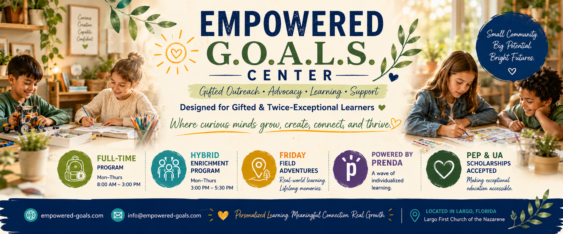 A colorful promotional banner for the Empowered G.O.A.L.S. Center, featuring children engaging in creative activities at tables, with text about programs and features of the center, set in a bright, inviting indoor space with plants and decorations.