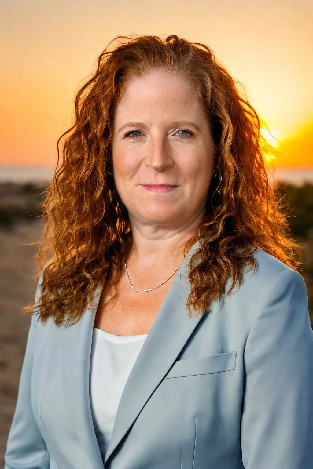 A woman with curly red hair and blue eyes dressed in a light blue blazer and white top, standing outdoors during sunset with the ocean in the background.