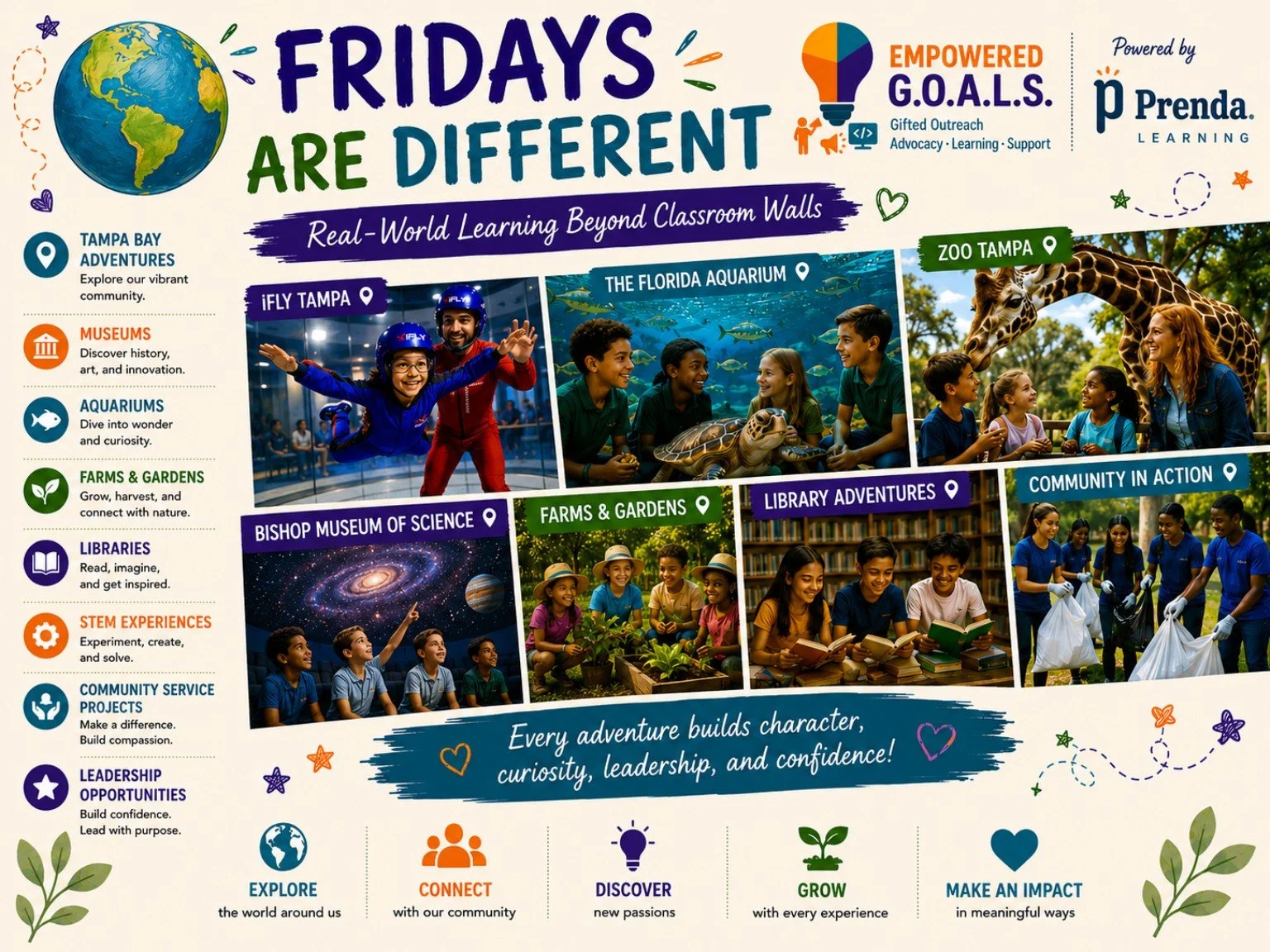 Poster promoting real-world learning activities available at Tampa Bay Adventures, Museum of Science, Aquarium, Farms & Gardens, Library, and Community in Action, with colorful graphics and photos of children and adults engaging in educational and outdoor activities.