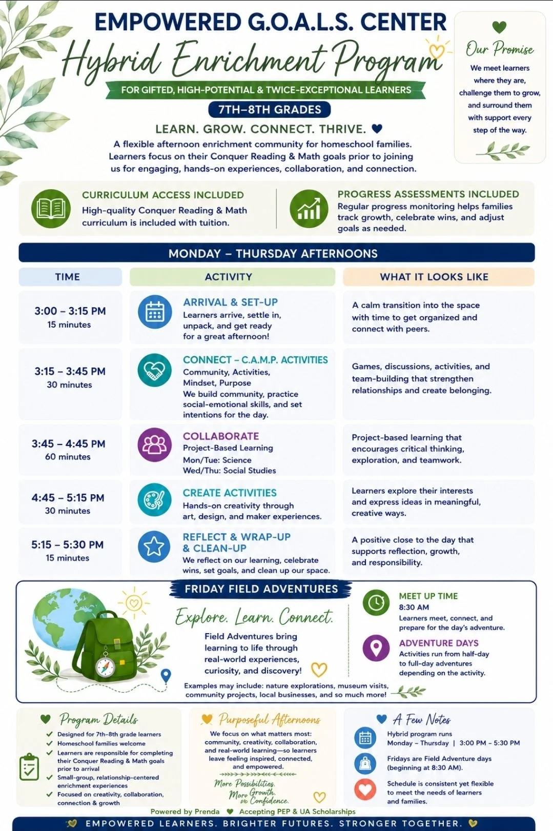 Schedule for Empowered G.O.A.L.S. Center Hybrid Enrichment Program for 7th and 8th grade students, including activities from 3:00 PM to 5:30 PM on Monday through Thursday, and field adventure details on Friday. Activities include arrival, connecting,