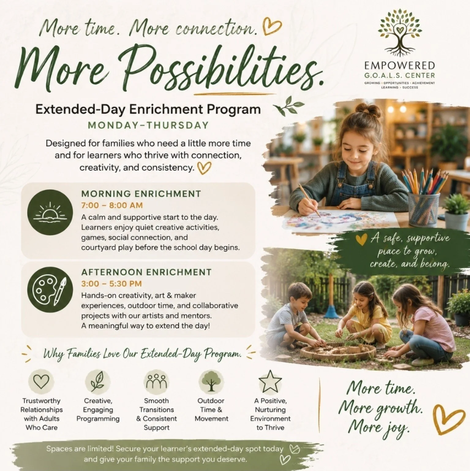 Flyer for an extended-day enrichment program titled 'More Possibilities,' offered Monday-Thursday, with morning and afternoon activities, including creative arts, outdoor play, and social connection, featuring images of children engaging in outdoor a