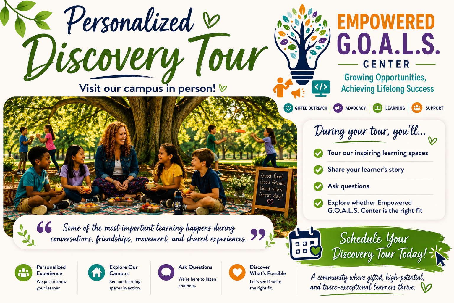 Flyer for Empowered G.O.A.L.S. Center's Personalized Discovery Tour featuring children playing in a park, with a woman engaging with kids, surrounded by trees and outdoor setting of a microschool in Largo, Florida.