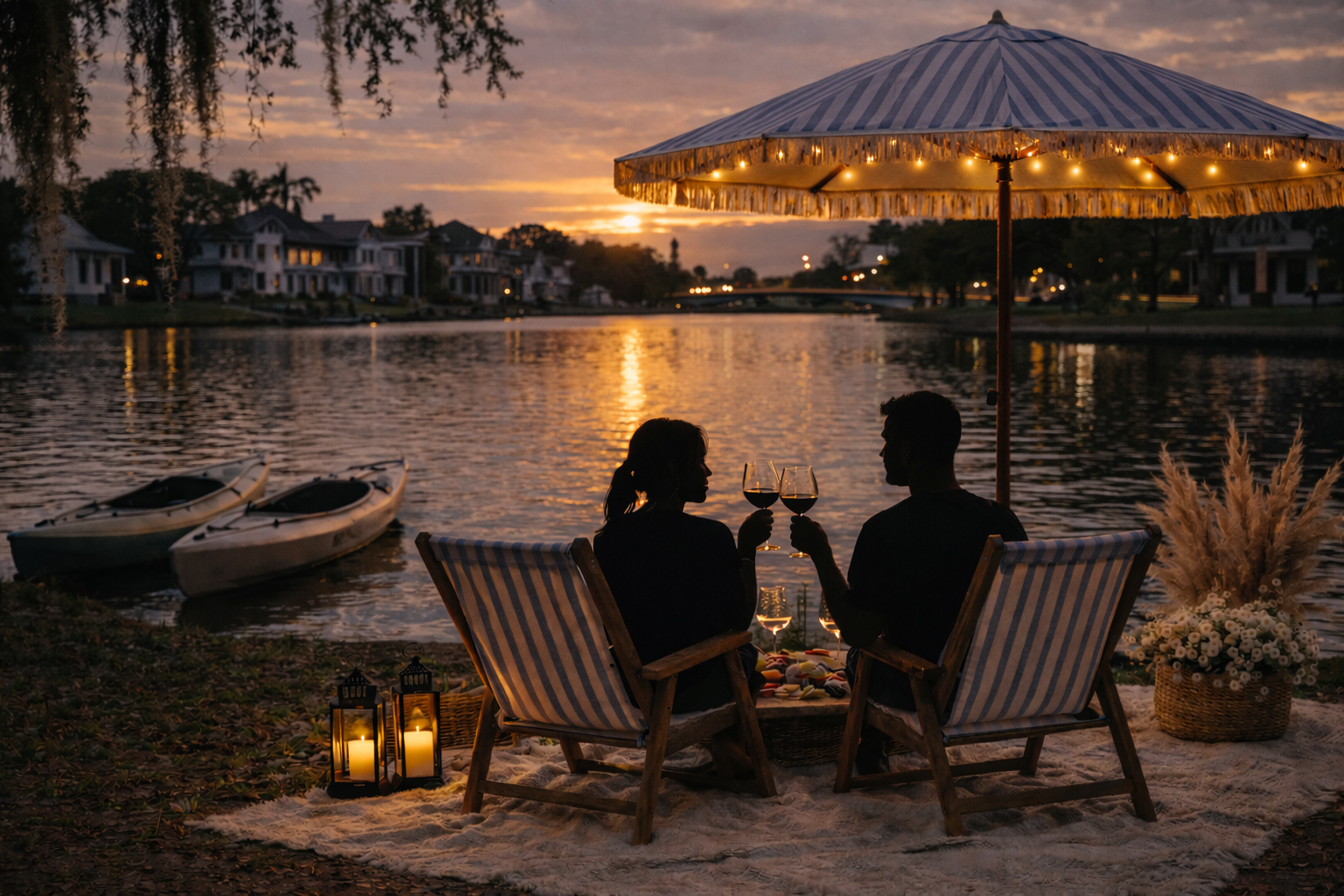 Couple enjoying a sunset by a river, sitting on striped deck chairs under a large striped umbrella, holding glasses of wine, with lanterns and a basket of snacks beside them, boats on the water in the background.