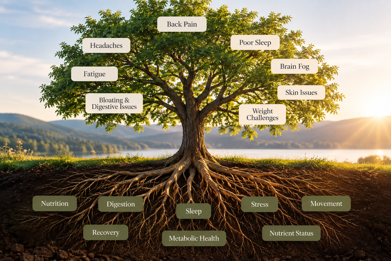 Tree showing that symptoms are like branches on a tree and the foundations are are in the roots.