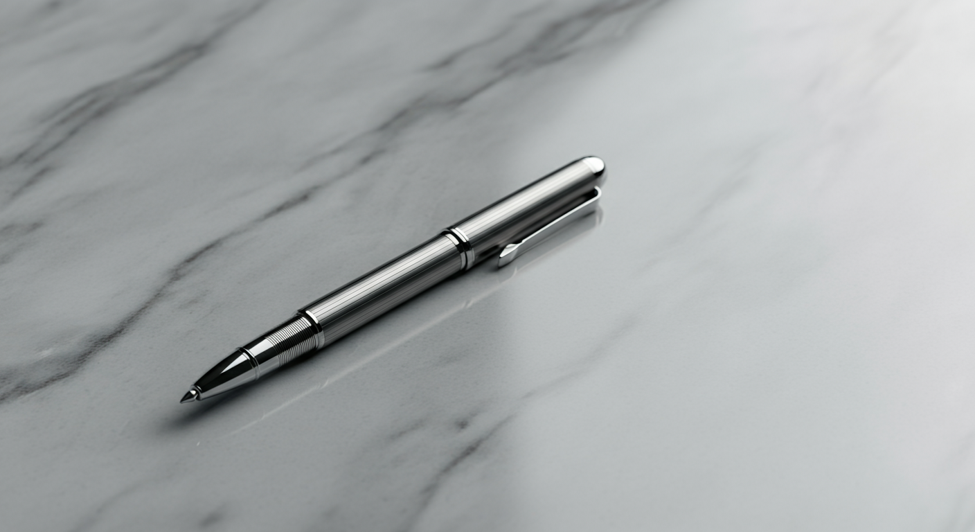 Silver pen lying on a smooth, light gray marble surface.