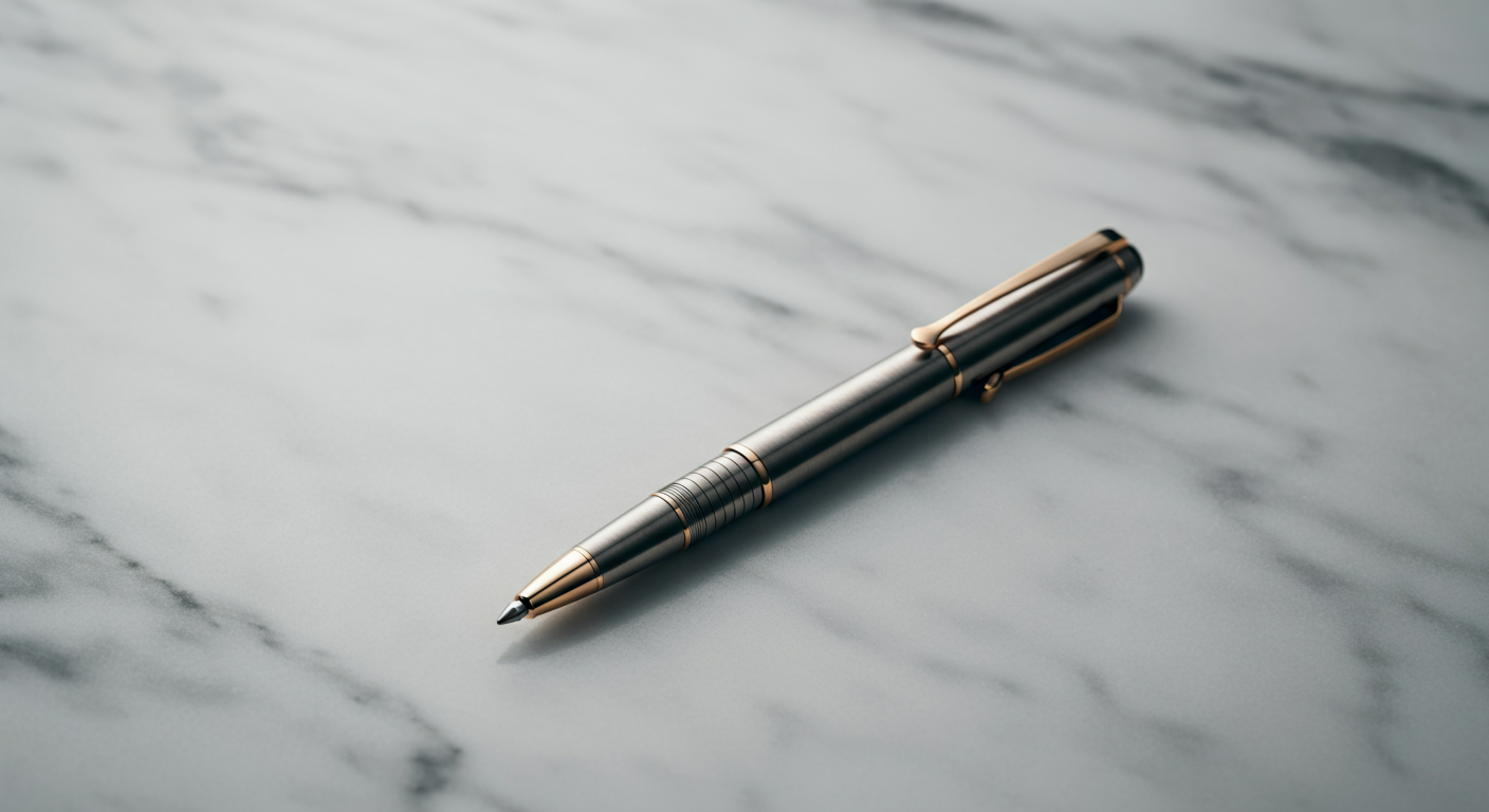A black and gold ballpoint pen resting on a white marble surface.