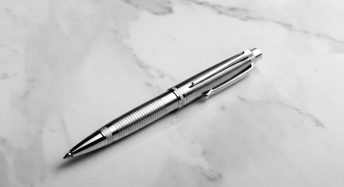 A silver ballpoint pen with a textured grip, placed on a white marble surface.
