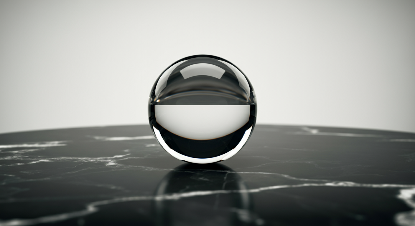A clear glass ball sits on a dark marble surface, reflecting light and the surrounding environment.