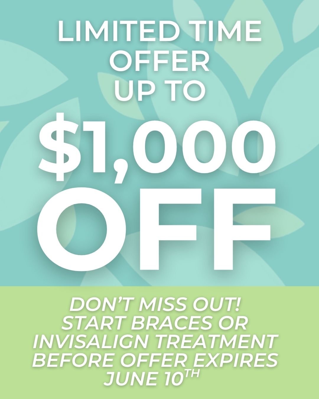 🚨 Our biggest smile savings of the season starts May 1! 🚨

For a limited time, new patients at Weiler Orthodontics can receive up to $1000 off braces or Invisalign in Harrisonburg and the Shenandoah Valley.

✨ $1000 off comprehensive treatment
✨ $5