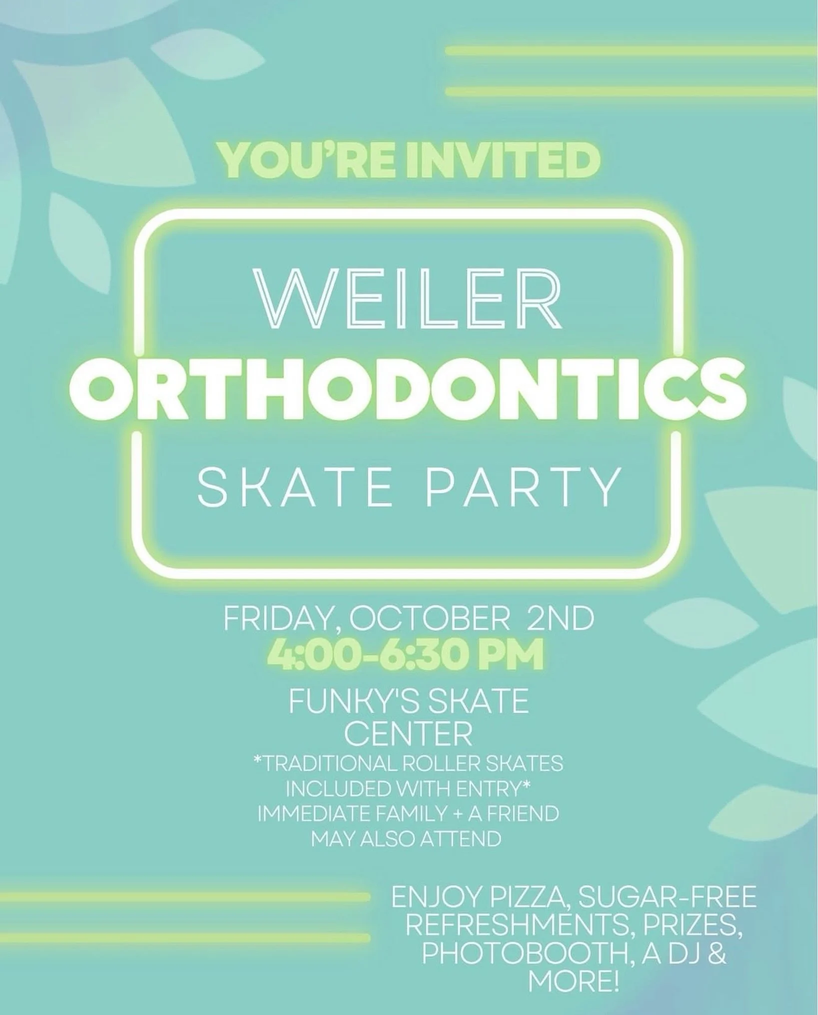 🛼 THIS FRIDAY! Our biggest patient party of the year is almost here, and we can&rsquo;t wait to celebrate with our Weiler family!

Join us for the Weiler Orthodontics Skate Party this Friday, October 2nd from 4:00&ndash;6:30 PM at Funky&rsquo;s Skat