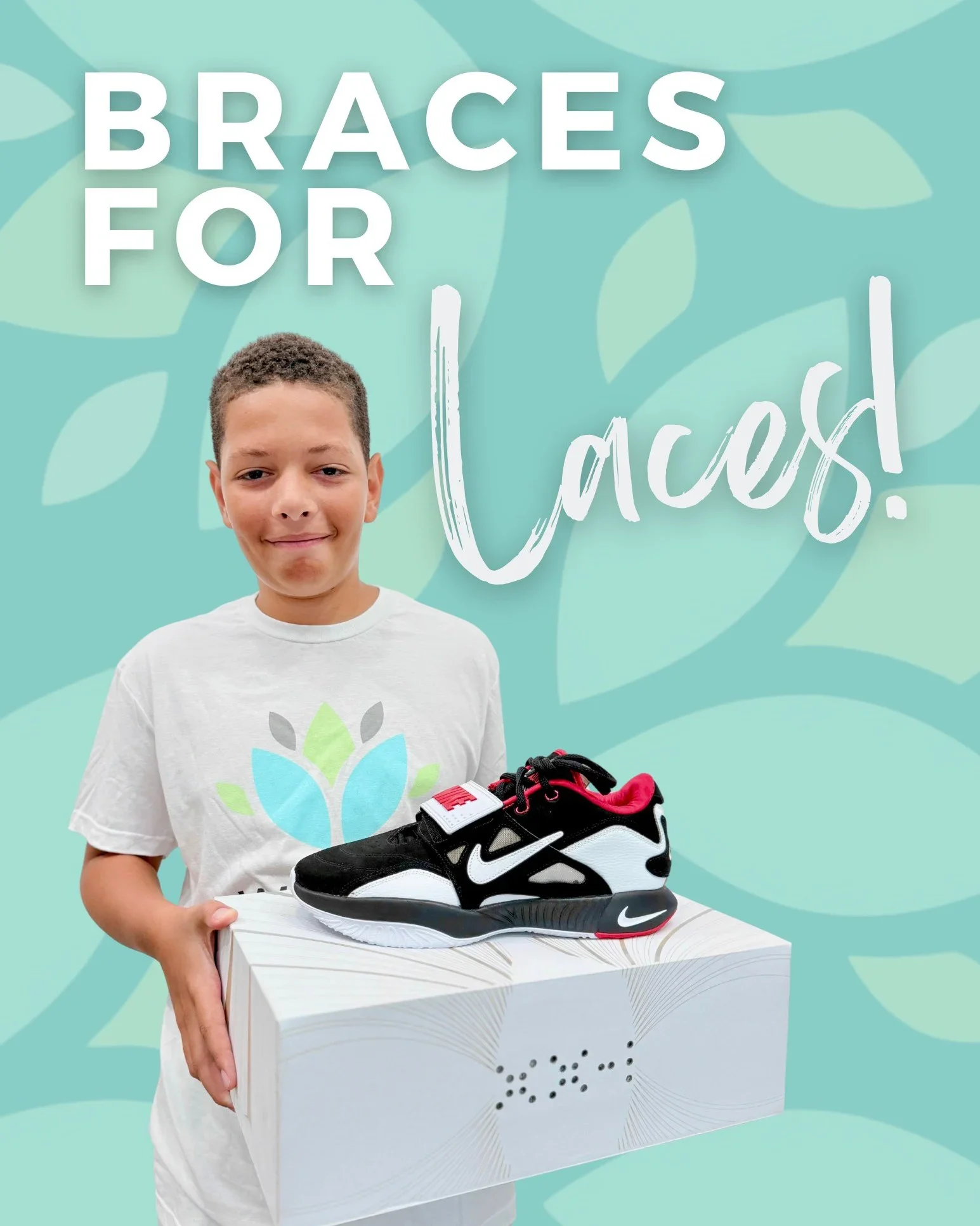A boy holding a box with a pair of black, white, and red Nike sneakers on top, standing in front of a light blue background with a leafy pattern and text that reads "Braces for Laces!"