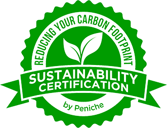 Sustainability certification badge with green leaves and text about reducing carbon footprint by Pentache.