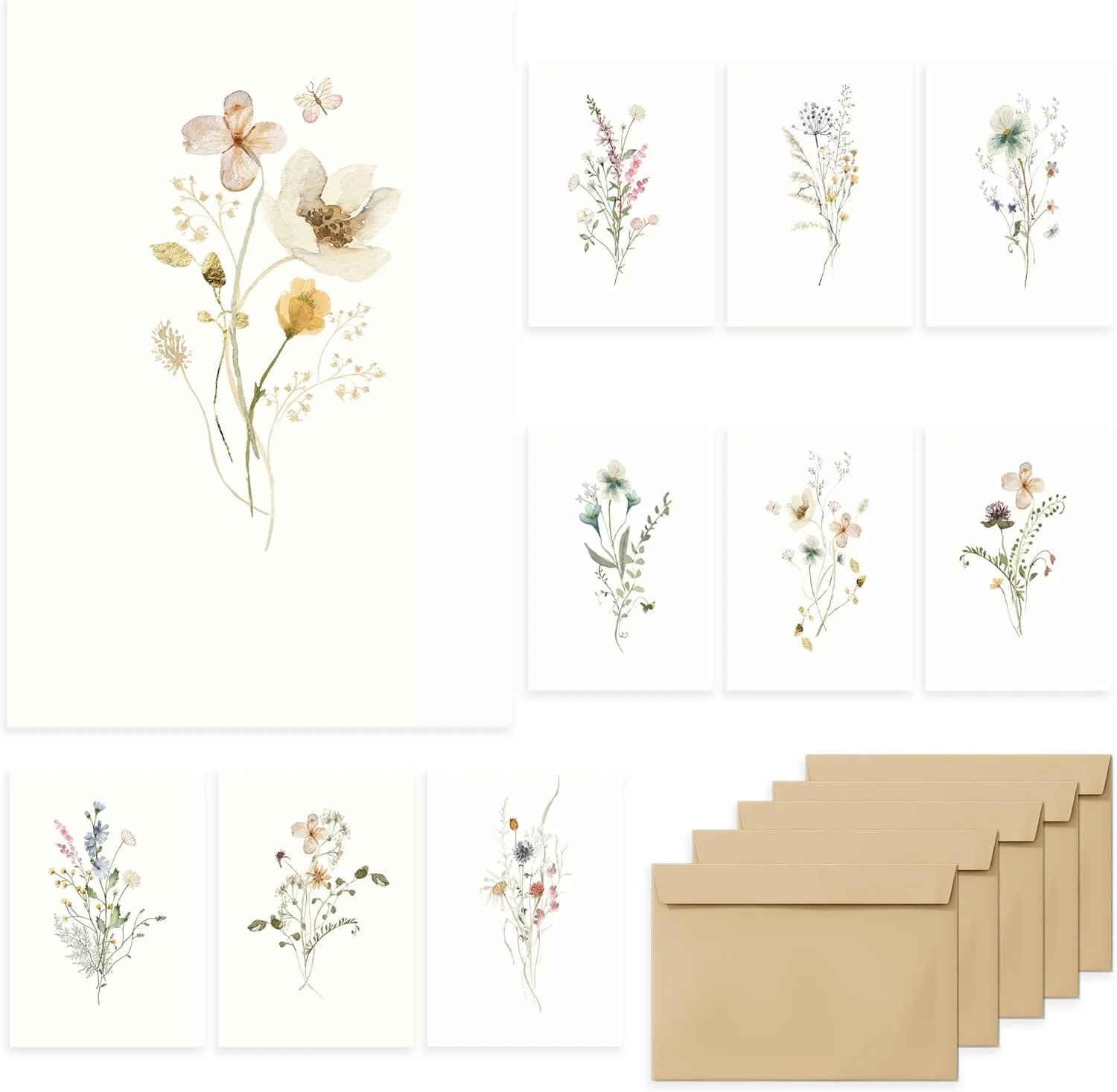 Elegant Floral Blank Greeting Cards, with Matching Peel-and-Seal Rustic Envelopes
