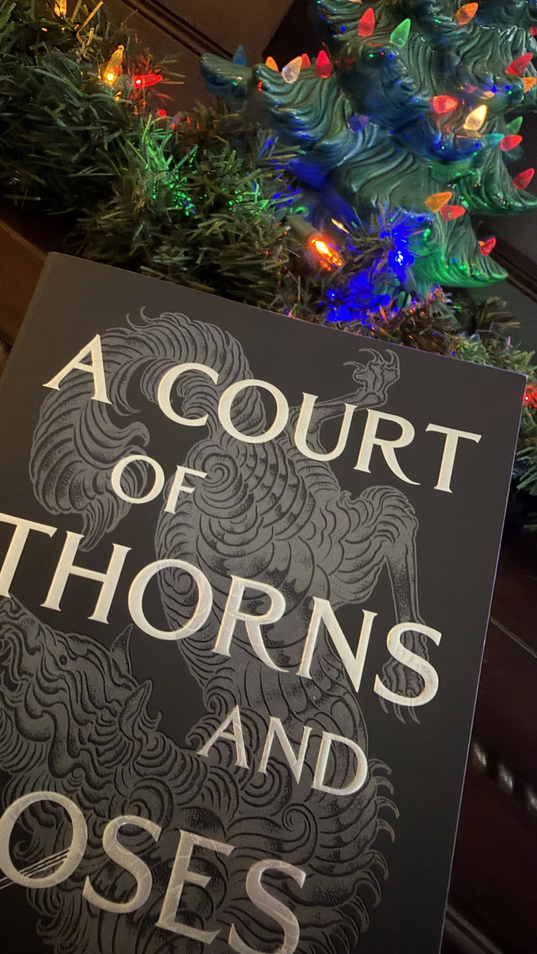 Close-up of a sign with the text 'A Court of Thorns and Roses' and an illustration of a thorny, mythical creature, placed in front of a decorated Christmas tree with colorful lights and a ceramic or plastic tree topper in a festive setting.