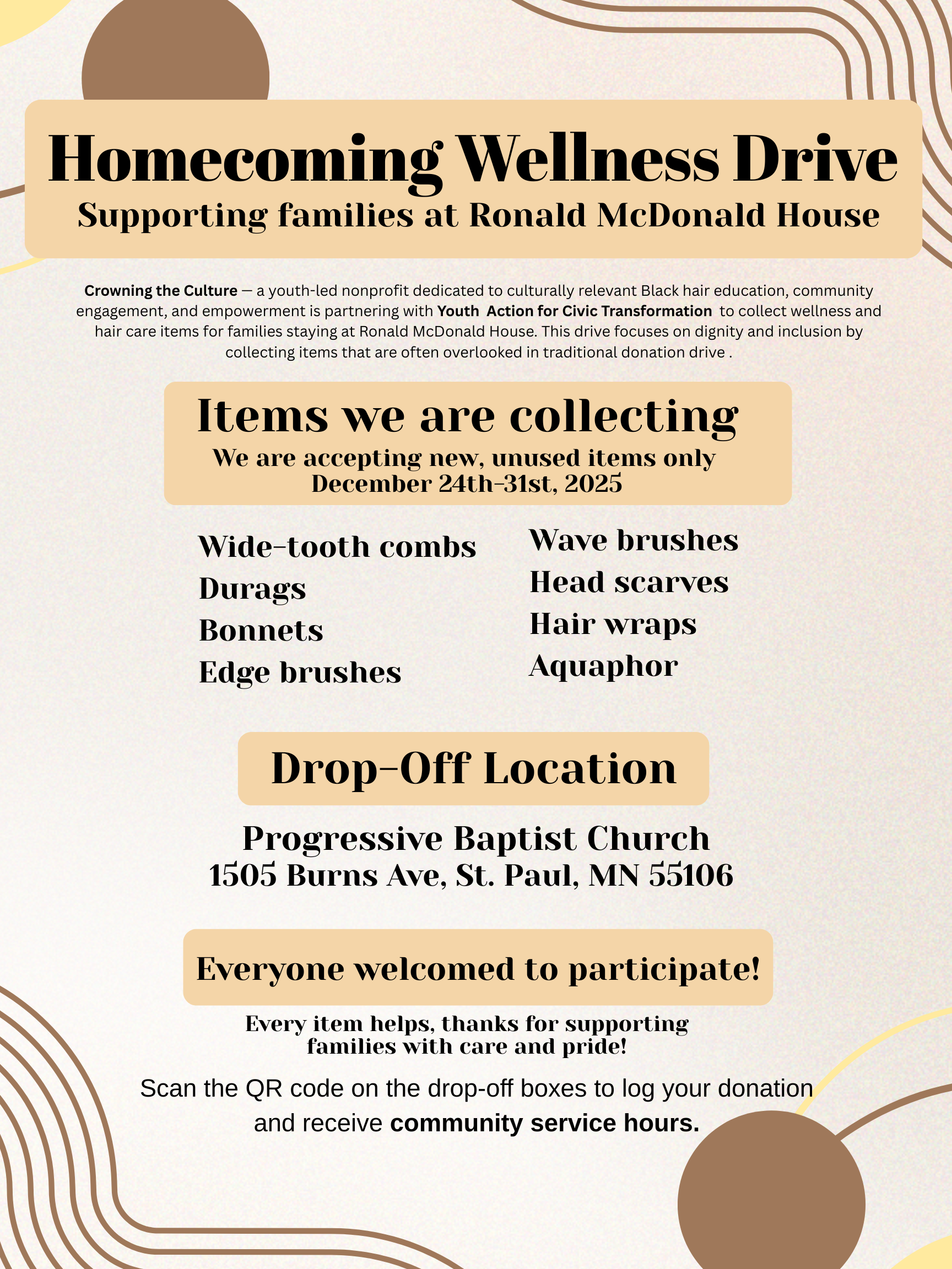 Flyer for Homecoming Wellness Drive supporting families at Ronald McDonald House, collecting unused hair care items like hair brushes, combs, head scarves, hair wraps, and Aquaphor, with drop-off location at Progressive Baptist Church in St. Paul, Minnesota.