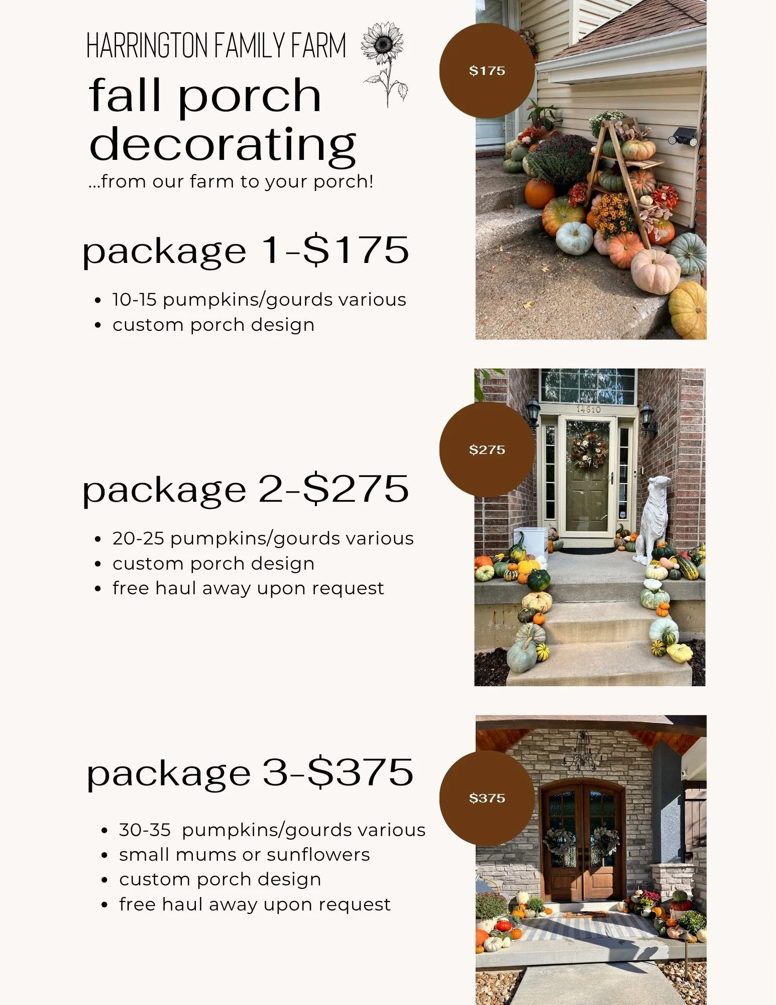 Advertisement for Harrington Family Farm fall porch decorating packages. The ad features images of decorated porches with pumpkins, gourds, mums, sunflowers, and other fall decor. Prices range from $175 to $375, with various package options.