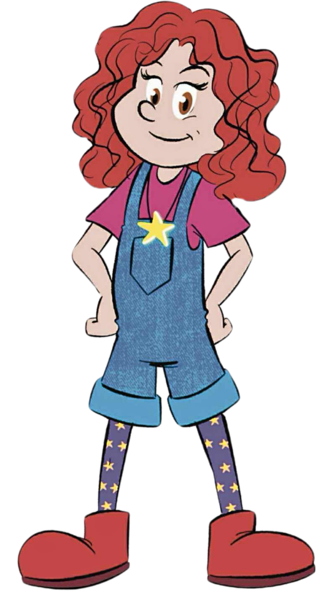 Catherinette en plein pied avec ses cheveux roux et son étoile dans son cou comme un colier.