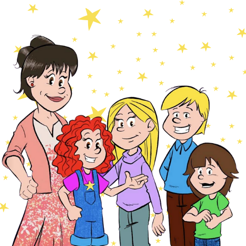 Famille de Catherinette. On voit sa mère, qui est plus grande et qui a les cheveux bruns. Sa soeur, un peu plus grande qu'elle avec les cheveux blonds. Un frère, de la même grandeur que sa soeur et blond lui aussi. Un petit frère au cheveux bruns..