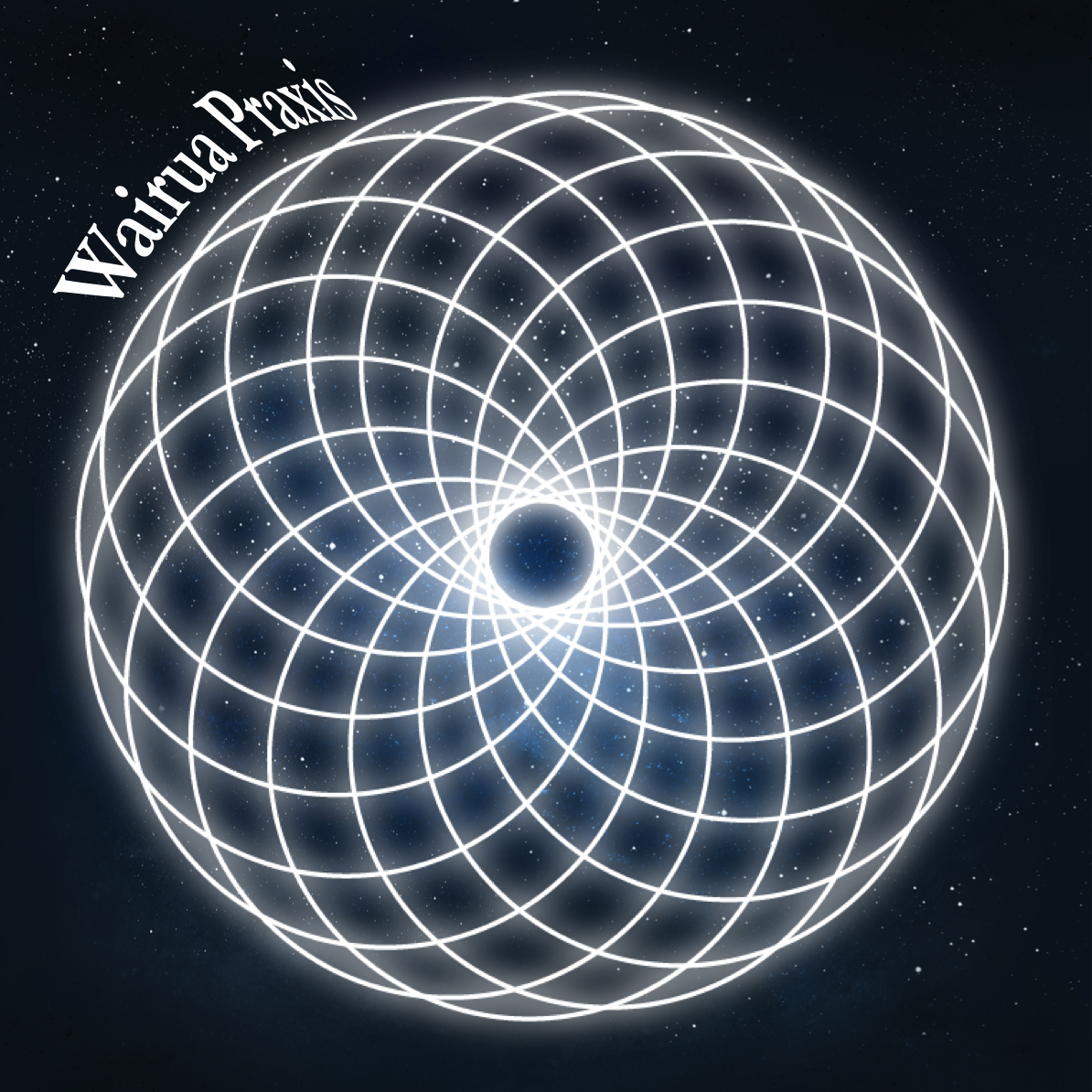 Grafik zeigt ein geometrisches Netz mit einer schwarzen Sonne im Zentrum, mit Sternen und Galaxien im Hintergrund. Text in der oberen linken Ecke: "Wahrha Praxis".