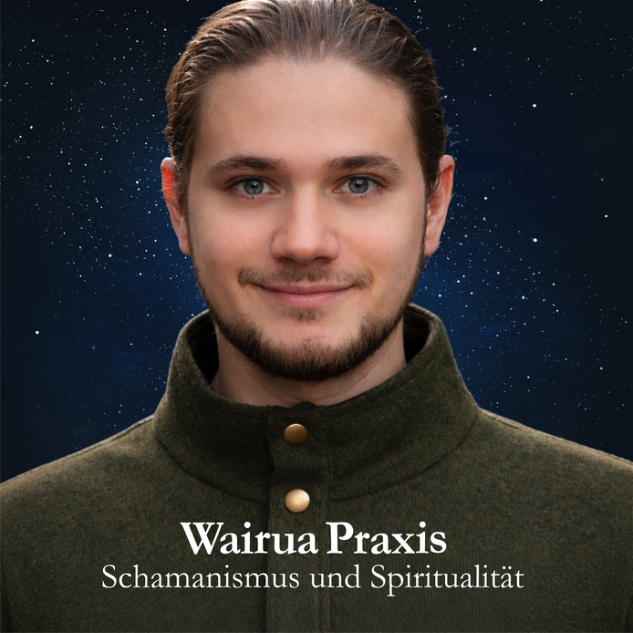 Porträt eines lächelnden jungen Mannes mit dunklem Hemd vor einem sternklaren Himmel, Text: Wairua Praxis, Schamanismus und Spiritualität