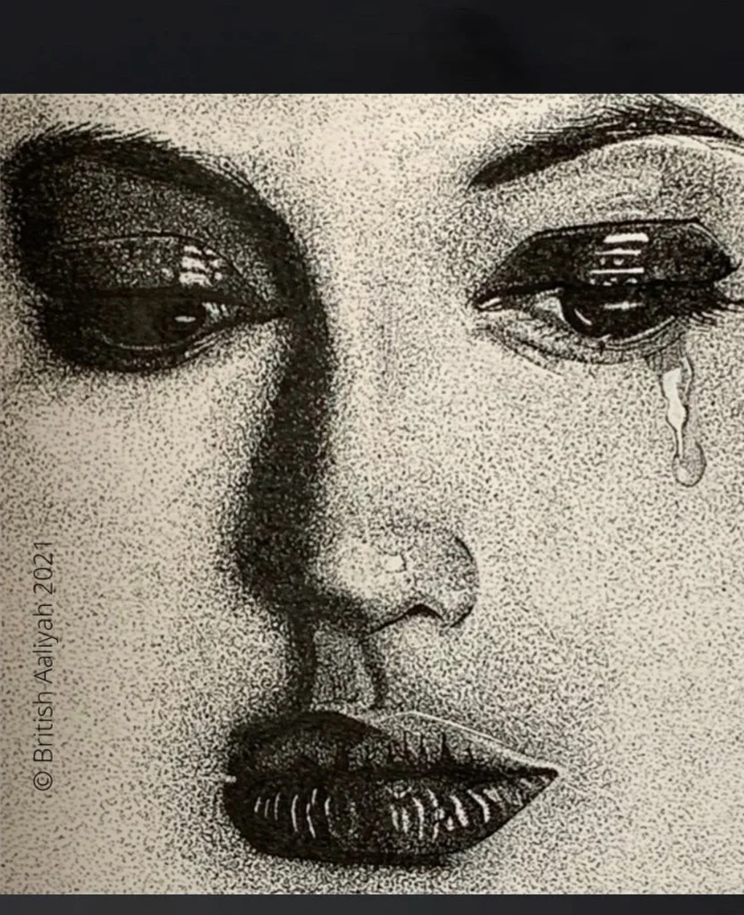 A pointillism-style drawing of a woman's face, with one eye crying.