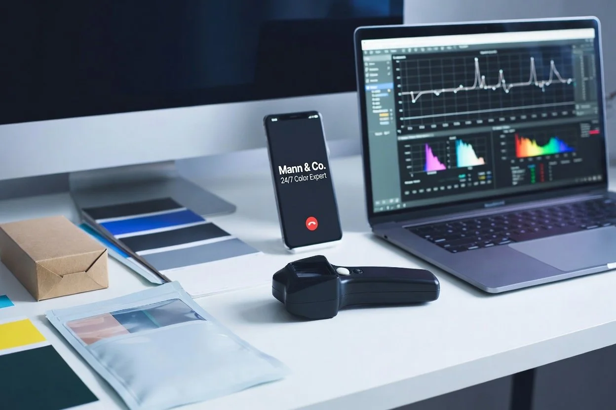 Desk with smartphone displaying Mann & Co. 24/7 Color Expert call, color swatches, packaging samples, spectrophotometer, and laptop showing color data