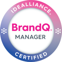 Badge with pink, white, and blue colors that reads 'IDEALLIANCE BrandQ Manager Certified'.