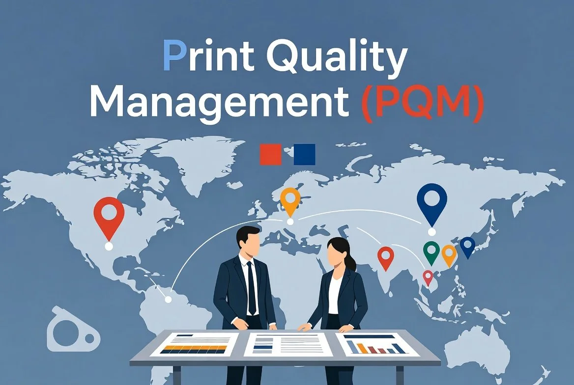 Print Quality Management (PQM) program illustration showing a world map with global printing locations connected by lines, consistent brand colors, and brand managers reviewing printed materials for worldwide consistency