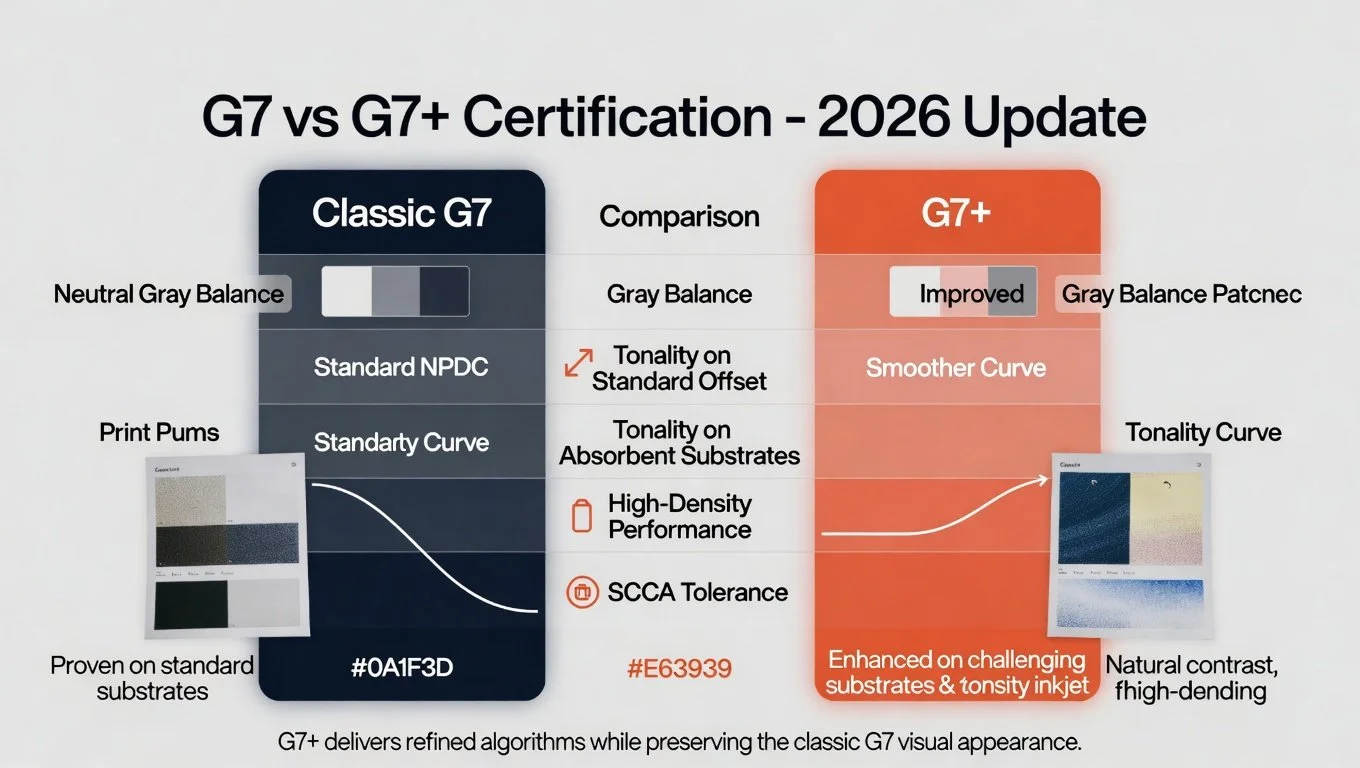 Infographic comparing Classic G7 vs G7+ certification 2026: differences in gray balance, NPDC curve, tonality on standard vs absorbent substrates, high-density performance, and SCCA tolerance
