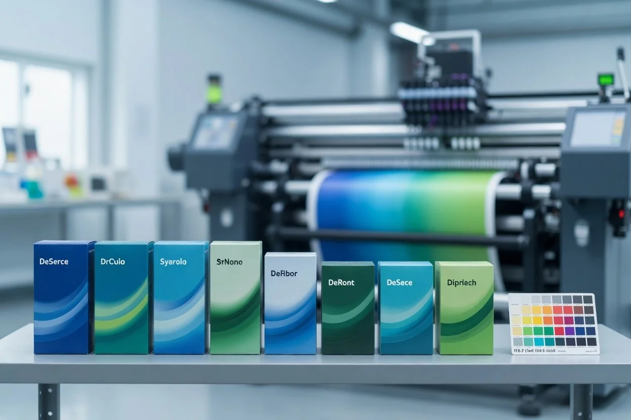 Consistent brand packaging with vibrant, uniform colors displayed in front of a modern printing press, representing measurable ROI from Print Quality Management (PQM) and G7+ implementation