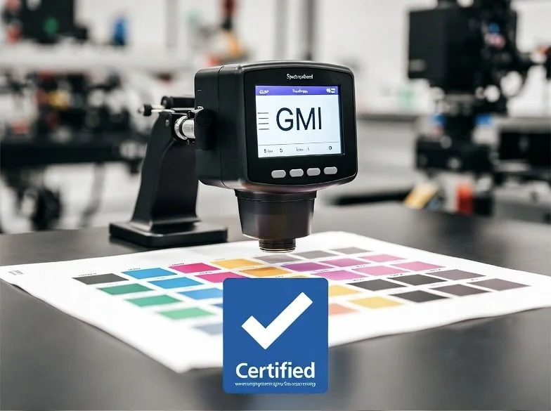 Spectrophotometer measuring color on CMYK test chart during print calibration process, showing GMI compliance data on screen