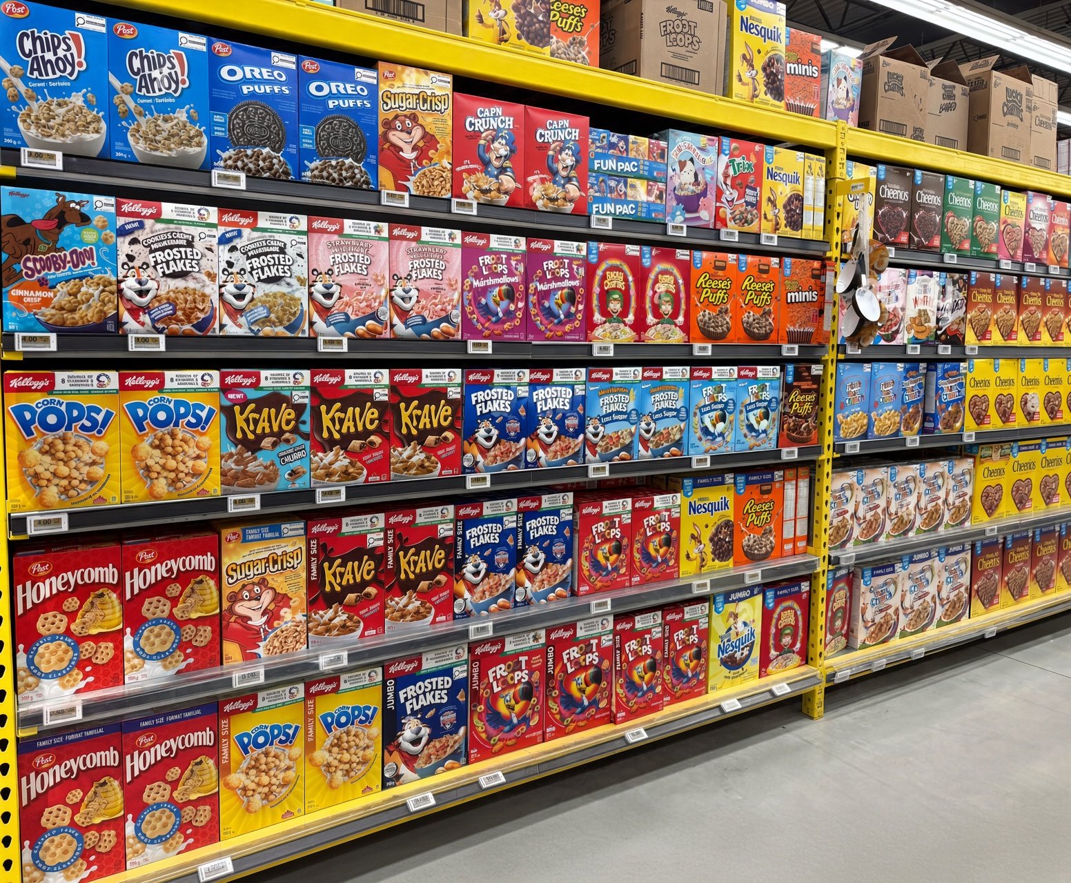 Grocery shelf of cereal cartons from the same brand family sitting side by side, with newer packs in a consistent saturated red next to older packs whose red has drifted to brick and faded tones.