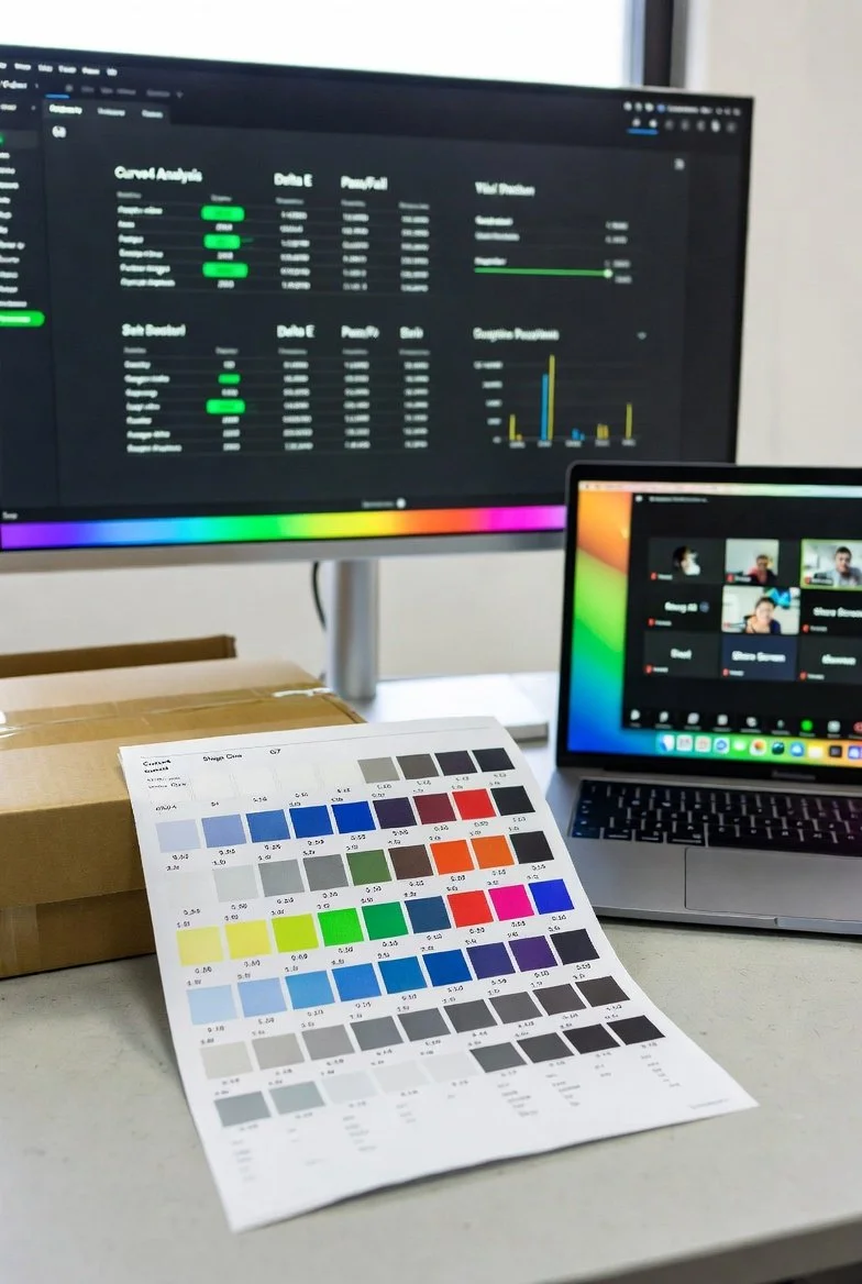 Desk setup showing printed test sheet, shipping box, monitor with Curve4 analysis dashboard, and laptop with Zoom screen-share for remote Stage One color consistency and G7 readiness program