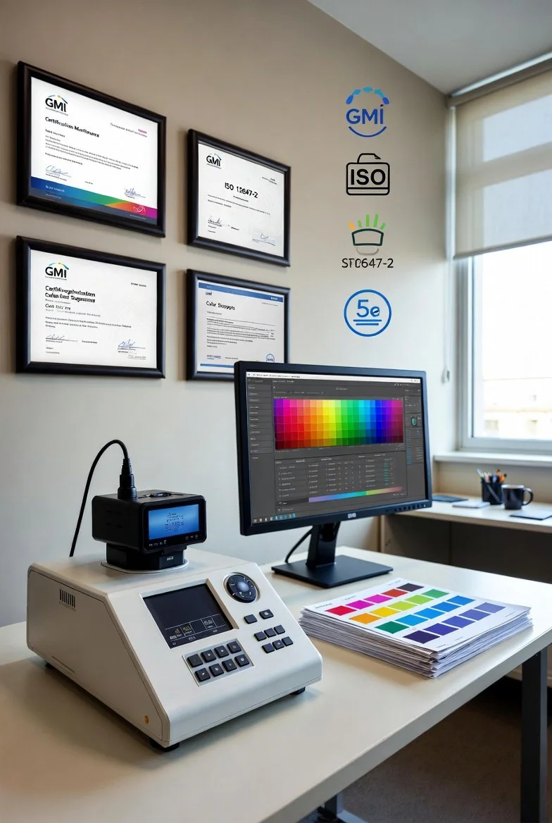 GMI-certified color management setup: spectrophotometer, monitor with color graphs, Pantone swatches, and compliance certificates.