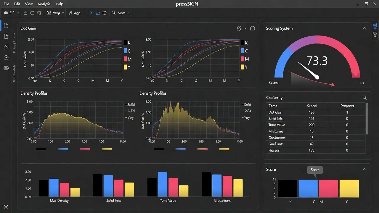 pressSIGN software dashboard displaying dot gain curves, density profiles, and scoring system for offset press fingerprinting and characterization