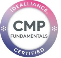 Circular badge with a pink and purple gradient border. Inside, it reads 'DeALLIANCE' at the top, 'CERTIFIED' at the bottom, and in the center 'CMP FUNDAMENTALS'.