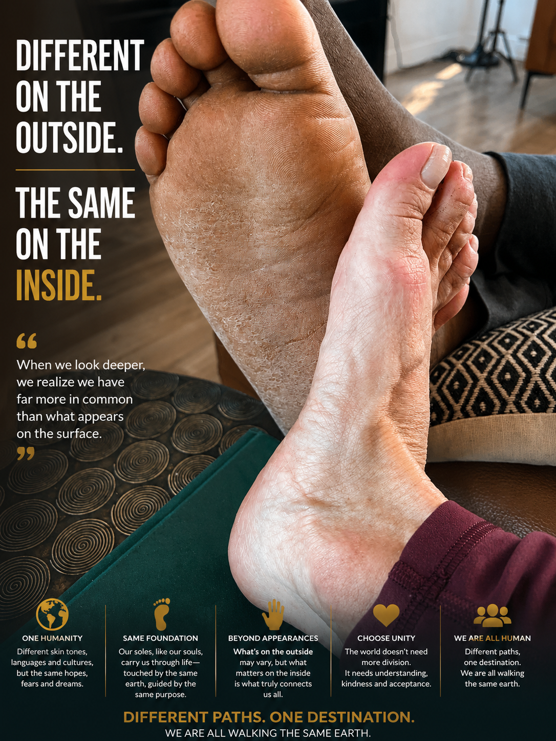Two people, one with a darker skin tone and the other with a lighter skin tone, hold hands in a comforting manner, with the focus on their intertwined hands. Overlaid text reads: "Different on the outside. The same on the inside." and a quote about inner similarity regardless of surface differences. Additionally, there are icons and text emphasizing themes of unity, shared purpose, and human connection.