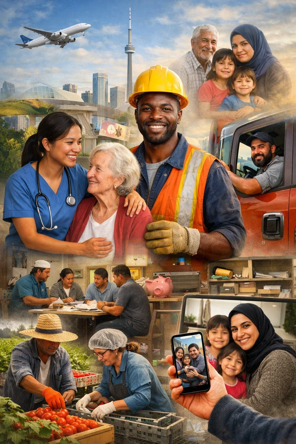 Collage depicting diverse workers, healthcare professionals, farmers, families, and cityscapes representing community and diversity.