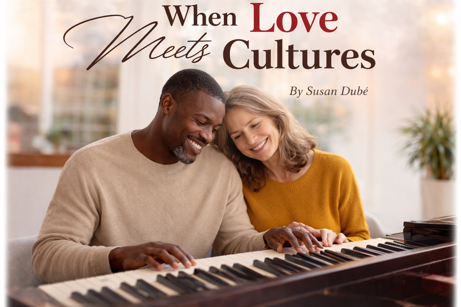 A middle-aged man and woman sitting together, smiling and playing a piano in a well-lit room with large windows and potted plant. Overlaid text reads 'When Love Meets Cultures' by Susan Dubé.