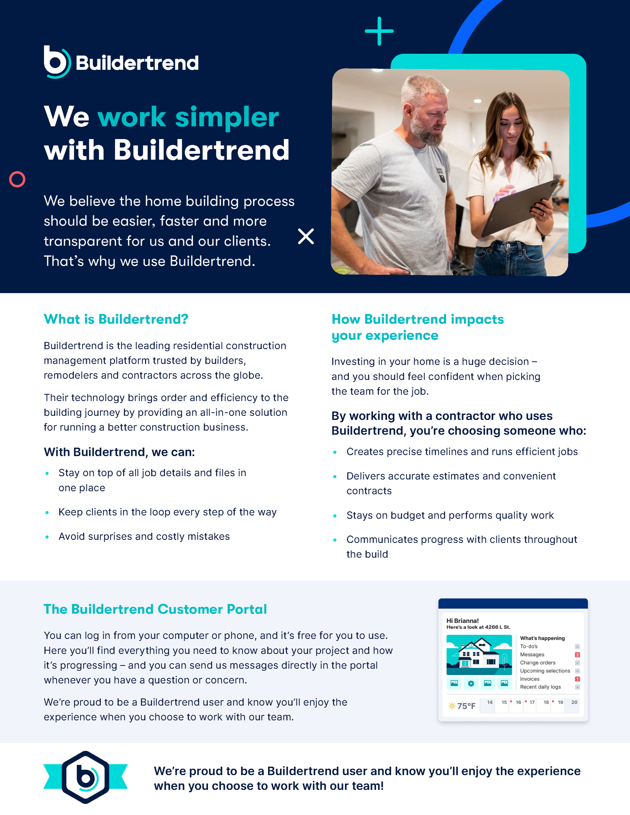 Flyer for Buildertrend: Contains logo, photo of two people reviewing a tablet, and text about home building management platform and customer portal.
