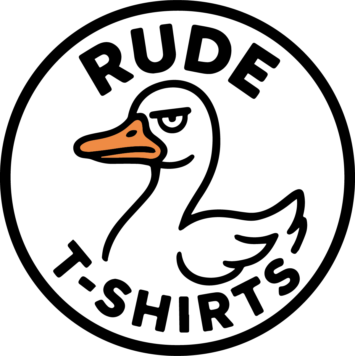 A circular logo with a cartoon duck showing an unimpressed expression, with the text 'RUDE T-SHIRTS' around it.