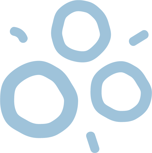 Illustration of a paw print with four large toe pads and a small pad at the base, all outlined in light blue.