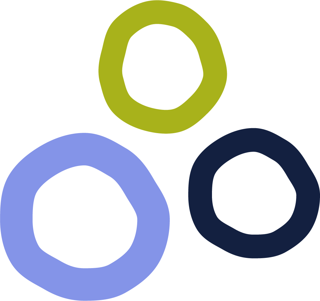 Three abstract circular shapes in green, light blue, and dark blue colors on a black background.