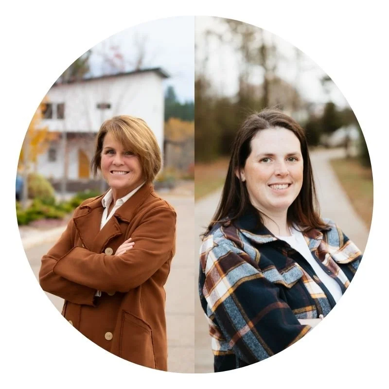 Split-circle photo of two women outdoors, one with short blonde hair wearing a brown coat, and the other with long dark hair wearing a plaid shirt.
