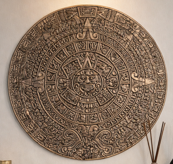 Hand-Cast Aztec Sun Stone Wall Sculpture – Aged Bronze Finish (35″)