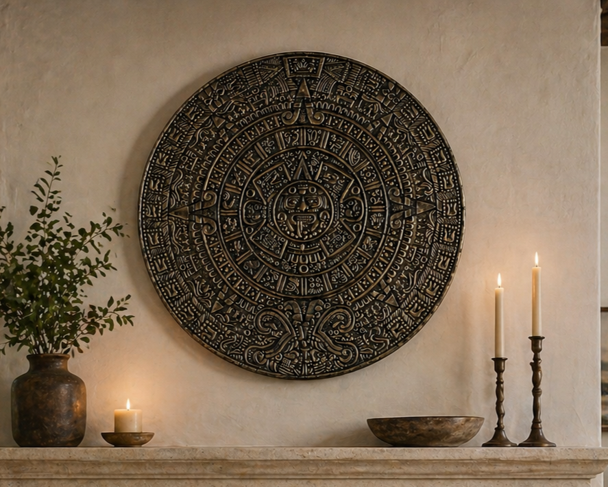 35″ Hand-Cast Aztec Sun Stone Wall Sculpture – Aged Bronze Finish