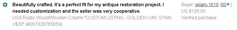 Text describing a custom wood or wooden column listing, mentioning craftsmanship, perfect fit for antique restoration, customization, cooperative seller, and specific wood stain details.