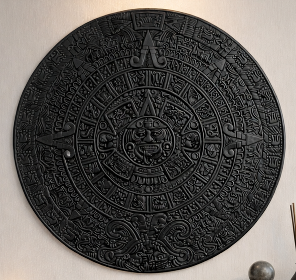 Hand-Cast Aztec Sun Stone Wall Sculpture – Satin Black Finish (35″)